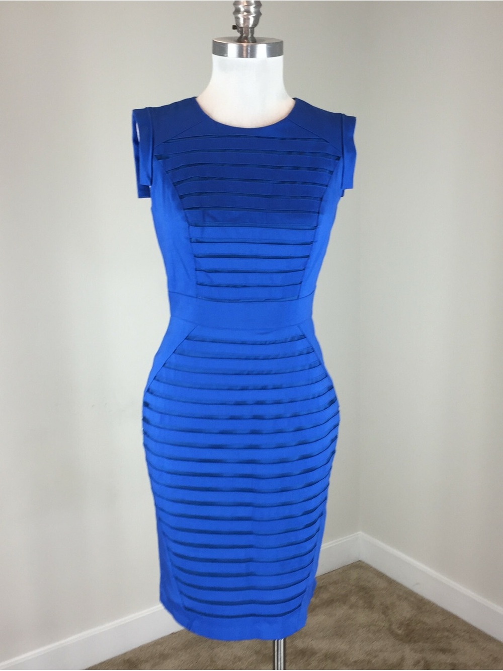 Adrianna Papell Royal Blue Pleated Sheath Midi Dress